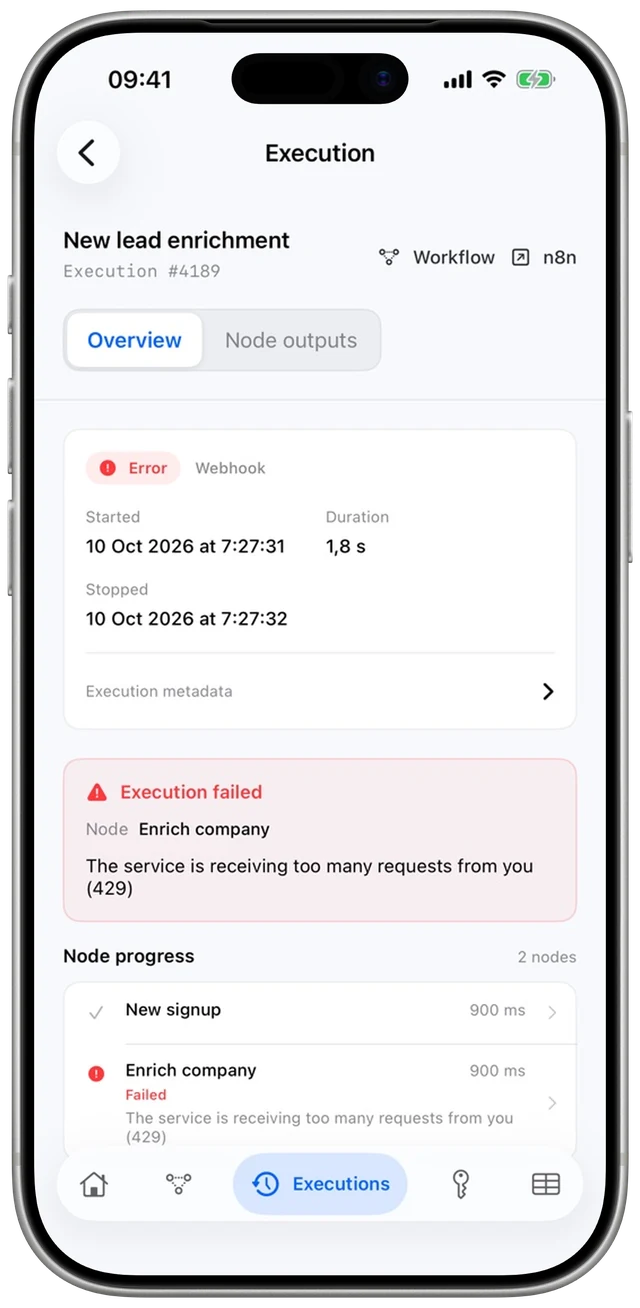 Detalle de una ejecución fallida en el iPhone