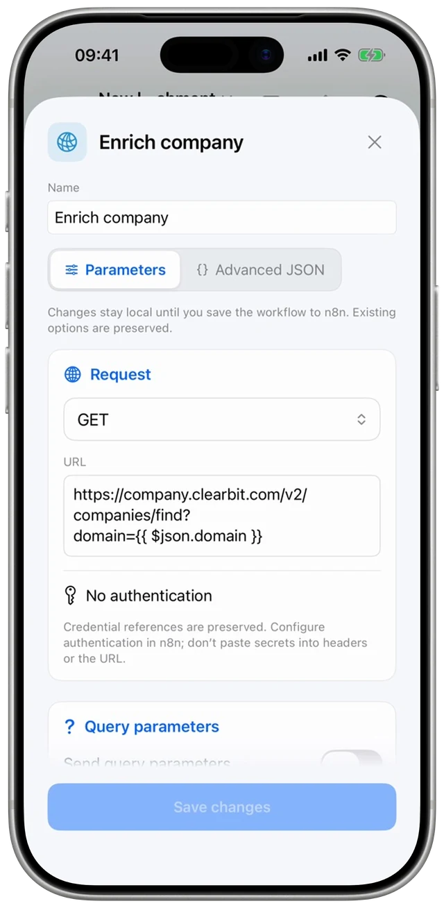Editor de un nodo HTTP Request en el iPhone