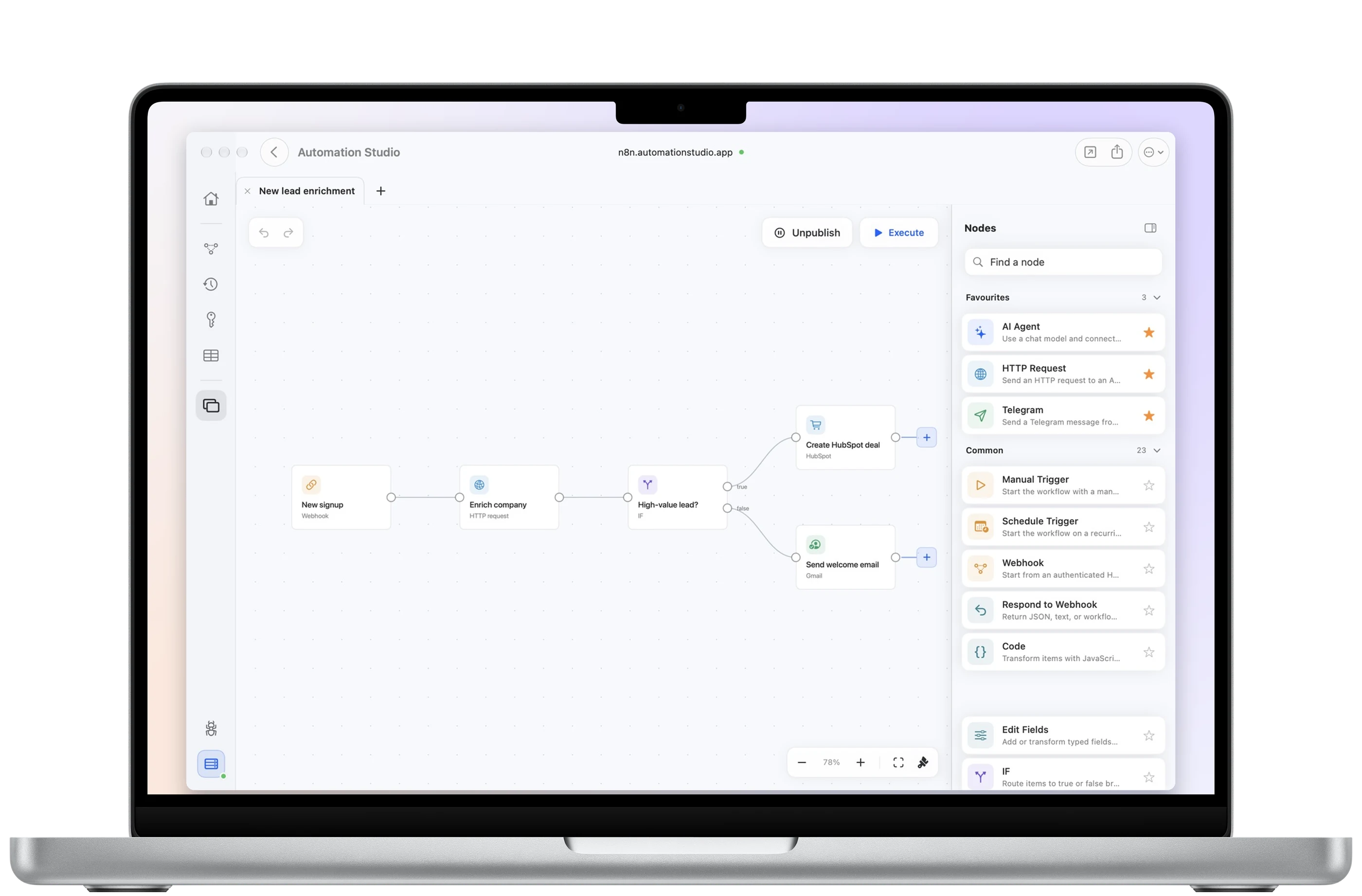 Un workflow abierto en el canvas de Automation Studio en el Mac
