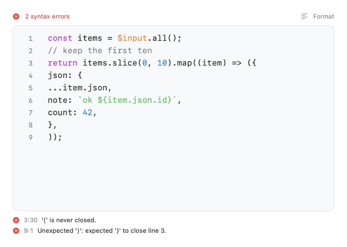 Editor de código con resaltado de sintaxis y dos errores marcados